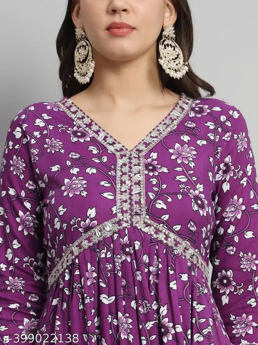 Purple Alia cut cotton kurti, three-quarter sleeves, printed combo, embroidered detailing for women's S-XXL sizes (36in-44in) - Indian contemporary fashion