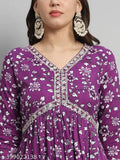 Purple Alia cut cotton kurti, three-quarter sleeves, printed combo, embroidered detailing for women's S-XXL sizes (36in-44in) - Indian contemporary fashion