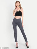 Solid grey denim jeggings, skinny fit with high waist and elastic closer for women, India origin