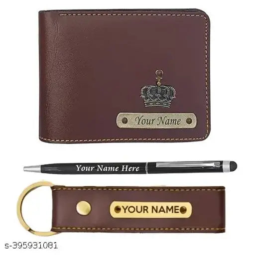 Dark brown faux leather wallet pen and keychain set for personalization, featuring 5 compartments, customizable with name and charm, ideal for gifting on various occasions