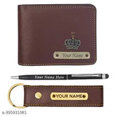 Dark brown faux leather wallet pen and keychain set for personalization, featuring 5 compartments, customizable with name and charm, ideal for gifting on various occasions