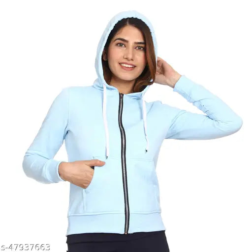 Light blue fleece zipper hoodie, cotton blend full-length sleeves for women and girls, with drawstrings and kangaroo pockets
