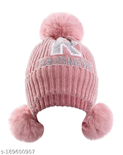 Assorted wool winter hat with triple pompoms, fur pattern, and earmuffs - Ladies warm knitted beanie from 1To Finity (India)