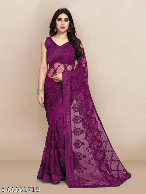 Embroidered petite red & green net saree with separate Banarasi silk blouse, India origin