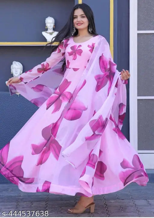 Silk pink gown with dupatta set, printed pattern, long sleeves, multiple sizes available