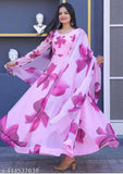 Silk pink gown with dupatta set, printed pattern, long sleeves, multiple sizes available