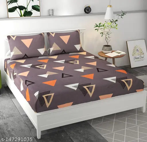 Graphite triangle geometric print, premium cotton, ultra soft double bed sheet set with 2 king size pillow covers, wrinkle free, 210 TC, size 72x78+10 inches (Breathable & ideal for 6-10 inch mattresses)