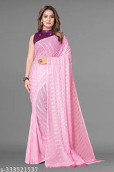 Pink Georgette Bollywood Saree with Colorblocked Foil Printed Net Blouse, single size, India origin