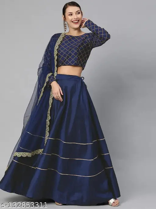 Navy Blue Embroidered Art Silk Semi-Stitched Lehenga with Unstitched Blouse & Net Dupatta - Handcrafted Indian fashion for free size (40in waist, 42in length, 2.2in dupatta)