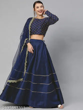 Navy Blue Embroidered Art Silk Semi-Stitched Lehenga with Unstitched Blouse & Net Dupatta - Handcrafted Indian fashion for free size (40in waist, 42in length, 2.2in dupatta)