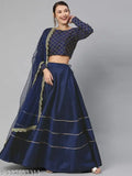 Navy Blue Embroidered Art Silk Semi-Stitched Lehenga with Unstitched Blouse & Net Dupatta - Handcrafted Indian fashion for free size (40in waist, 42in length, 2.2in dupatta)