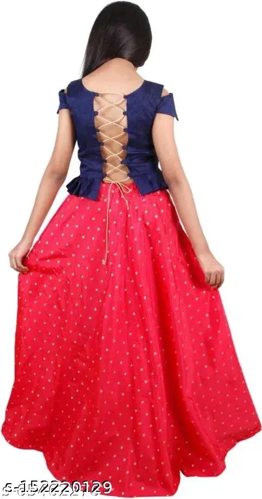 Kids girls lehenga cholis, cotton blend top and taffeta silk lehenga with super net dupatta, embroidered jacquard stitch, sleeveless style. Available in various sizes: 3-4, 4-5, 5-6, 6-7, 7-8, 8-9 years, Indian traditional wear for kids and girls on display