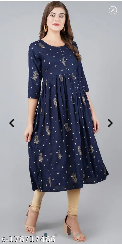 Navy Blue Rayon Three-Quarter Sleeve Printed Kurtis for Women, showcasing a stylish combo on model