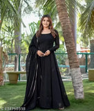 Hot designer black georgette stitched anarkali gown with dupatta, long sleeve, round neck, women's formal wear, India-made party or wedding wear
