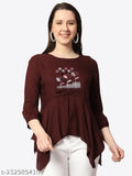 Maroon rayon boat neck ethnic motif tunic top, embroidered net pattern on three-quarter sleeves