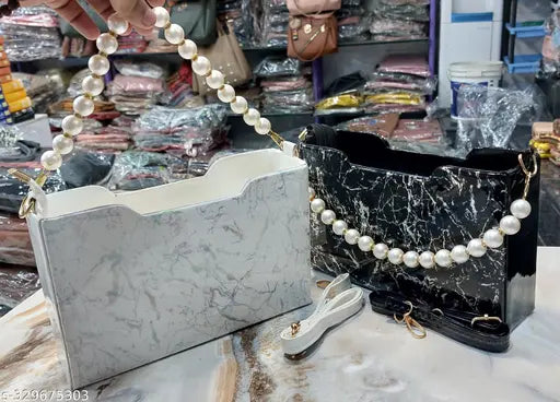 Marble PU sling bag for women and girls with pearl handle and long shoulder strap, self-designed pattern