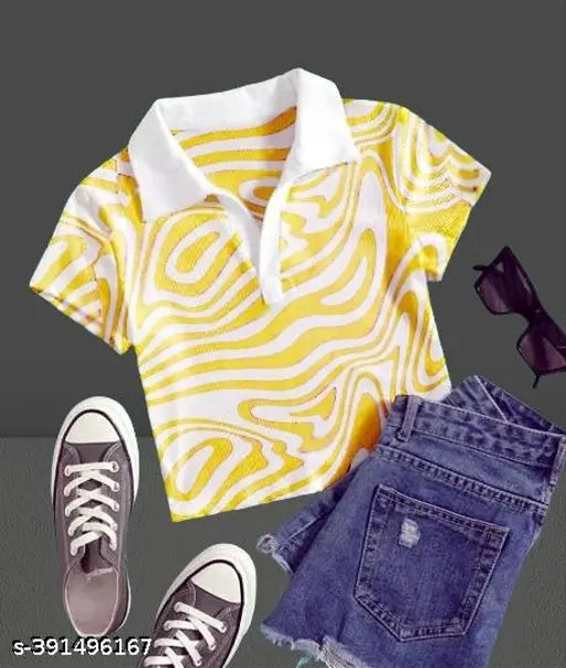 Fancy Lycra Half-sleeve Print Collar T-shirt for women & girls, vibrant design for casual wear, Indian origin