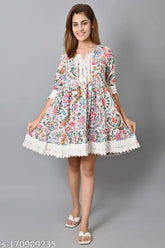 Multicolor flower print boho dress for women/girls, knee-length cotton, three-quarter sleeves with vibrant printed pattern