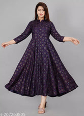 Blue viscose rayon full-flared Anarkali kurti with printed combo, three-quarter sleeves on hanger