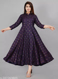Blue viscose rayon full-flared Anarkali kurti with printed combo, three-quarter sleeves on hanger