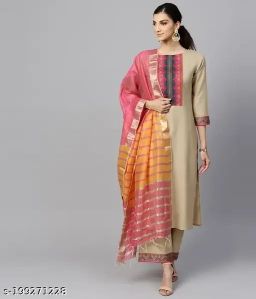 Pure cotton set with Chanderi dupatta, solid-patterned Indian kurta, bottomwear, and dupatta. Pack of 3 featuring three-quarter sleeves and various sizes (XXS-XXL). Made in India