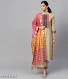 Pure cotton set with Chanderi dupatta, solid-patterned Indian kurta, bottomwear, and dupatta. Pack of 3 featuring three-quarter sleeves and various sizes (XXS-XXL). Made in India