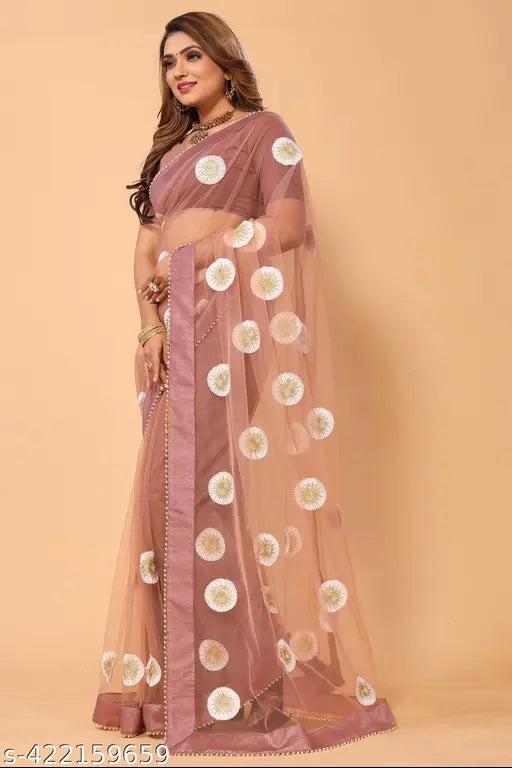 Beautiful coffee chain embroidered net saree with unstitched blouse piece, ideal for weddings and festive occasions in India