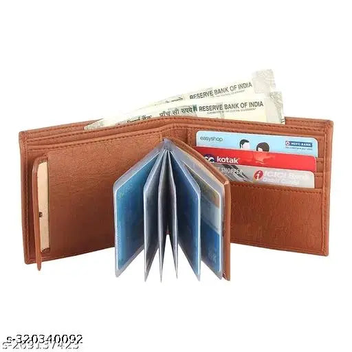 Tan PU Casual Men's Wallet (8 Card Slots), durable leather feel, compact design with photo & card sleeves