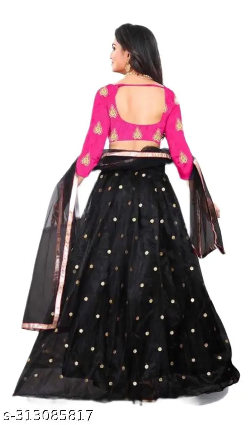 Black and Pink Embroidered Semi-Stitched Net Lehenga, intricately embroidered Indian ethnic wear for women