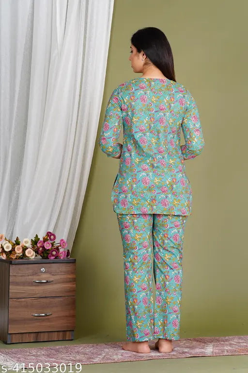 Women's cotton twigs & tangerine floral coord set night suit, high-quality cotton, lightweight, comfortable, playful floral design, perfect for any occasion, add a pop of color