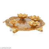 Gold-plated Aluminum Badhi Puja Thali with 4 Diya - Indian Handicraft for temple and home decor, ideal for puja and worship