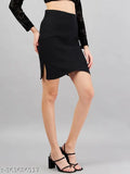 Black polycotton mini pencil skirt with super stretchable fabric for women, solid black style on mannequin