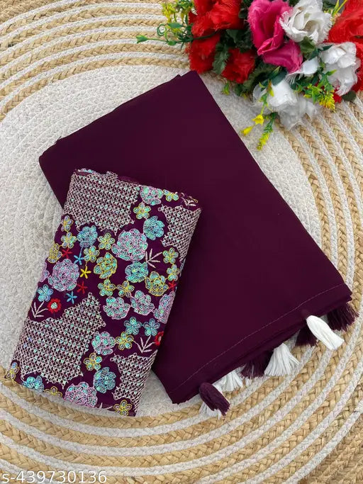 Wine Georgette Bollywood party saree, free size with woven design blouse and matching accessories