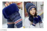 White winter combo: Acrylic beanie cap & gloves, snow-proof fur lining for women