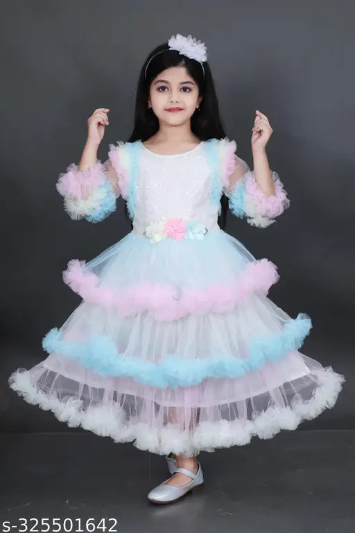 Embroidered net, long-sleeved fancy frock for 8-9 year old girls. Indian kid's fashionable dress with embroidery detail