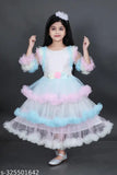 Embroidered net, long-sleeved fancy frock for 8-9 year old girls. Indian kid's fashionable dress with embroidery detail