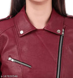 Cherry faux leather jacket for women, solid design in long sleeves, size XS, M, L, XL from India