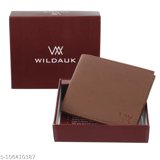 Tan PU leather men's wallet, 5 card slots, solid pattern, compact size (12cm x 9cm), textured body, additional ID slot. Durable accessory for men's essentials