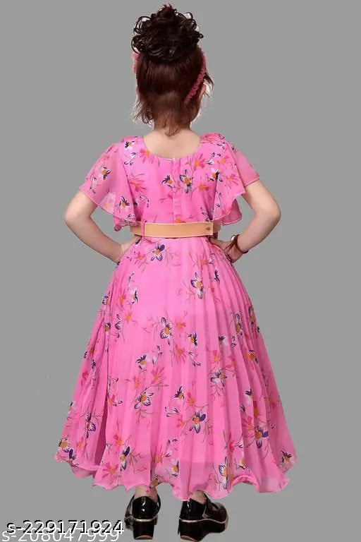 Floral printed Georgette pink full length party dress for girls - cotton blend, short sleeves, India origin
