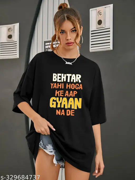 Stylish loose-fit cotton blend half sleeve oversized t-shirt, printed design for women's gym wear, XL size (bust 46 in)