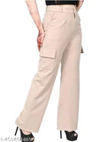 Brown Lycra four-pocket high rise cargo pants with slanted inset pockets and flap, suitable for casual and formal wear
