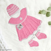 Handmade wool frock dress with cap and socks for baby girls, self-design net pattern in soft woven fabric, ideal for parties or special occasions