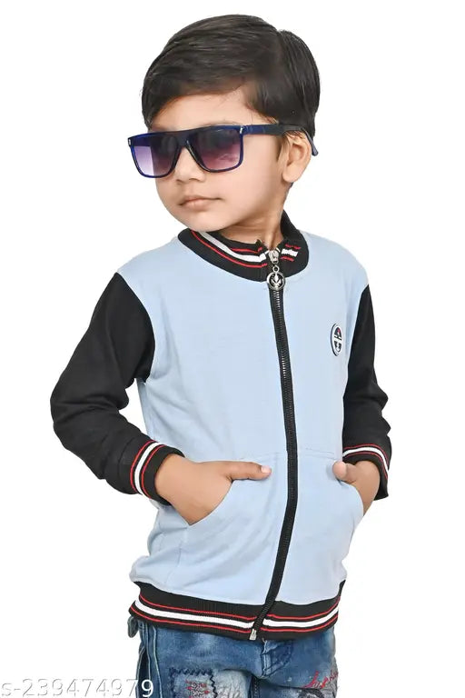 Cotton blend kids jacket, solid light blue-black design, cool trendy style for casual wear (1-2yrs, 6-7yrs)