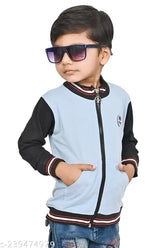 Cotton blend kids jacket, solid light blue-black design, cool trendy style for casual wear (1-2yrs, 6-7yrs)