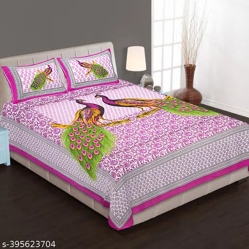 Indian-origin, superfine Jaipuri Rajasthani cotton double flat sheets with peacock print, includes 2 pillow covers for summer use