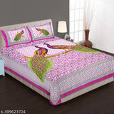 Indian-origin, superfine Jaipuri Rajasthani cotton double flat sheets with peacock print, includes 2 pillow covers for summer use
