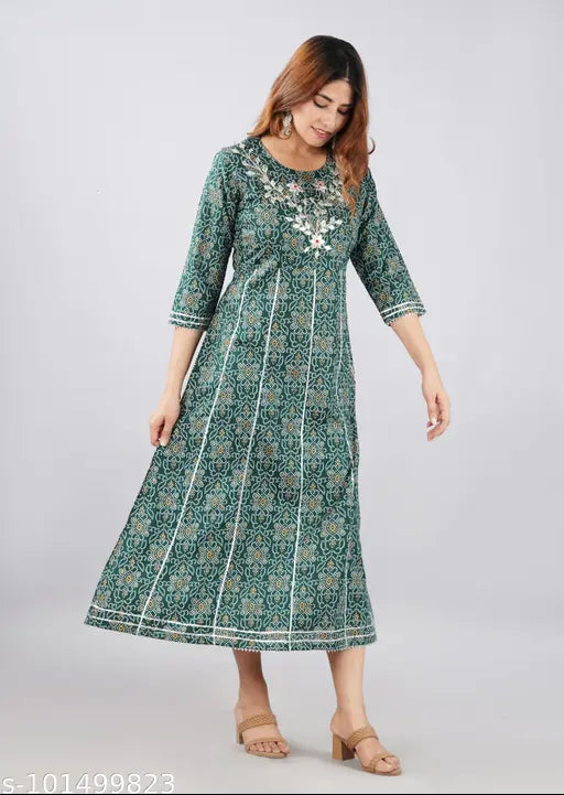 Green rayon kurti with printed lace work, three-quarter sleeves, Indian women's fashion
