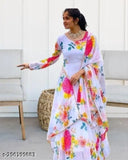 White Georgette with cotton lining, printed net fancy flower gown with dupatta - South Indian designer dress for women XS-XXXL