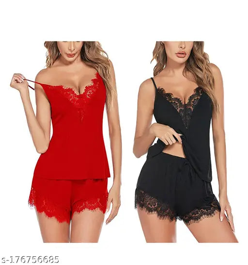 Black & red striped nylon nightdress for women and girls, self-design net pattern, free size from 28 to 36 inches