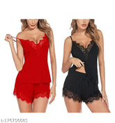 Black & red striped nylon nightdress for women and girls, self-design net pattern, free size from 28 to 36 inches